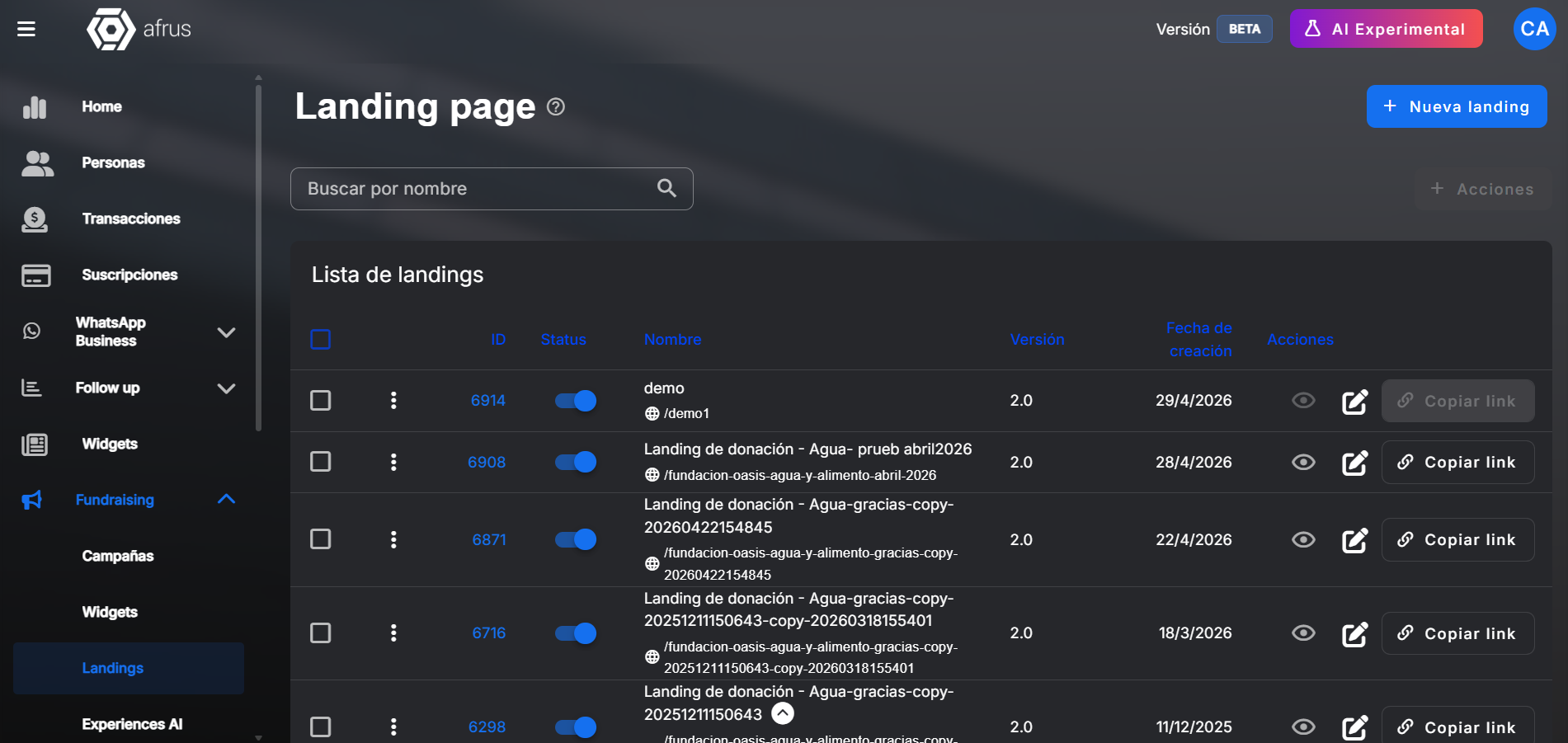 Lista de landings en AFRUS