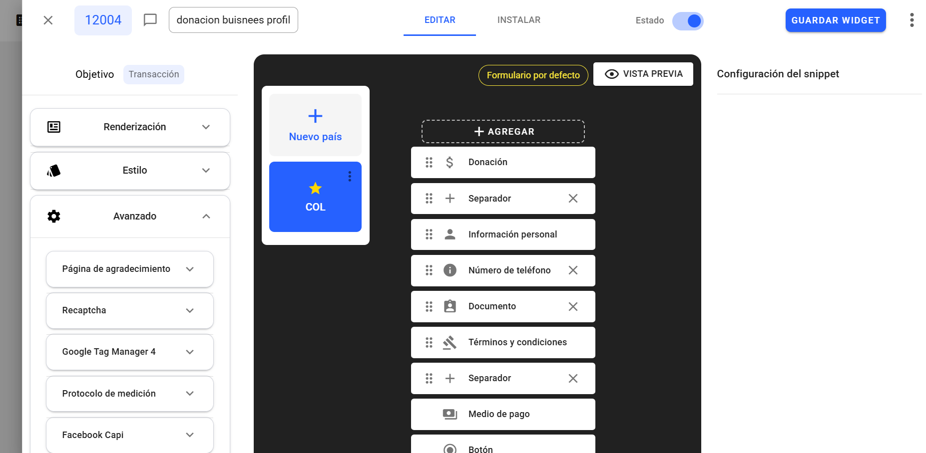 Sección Avanzado del widget