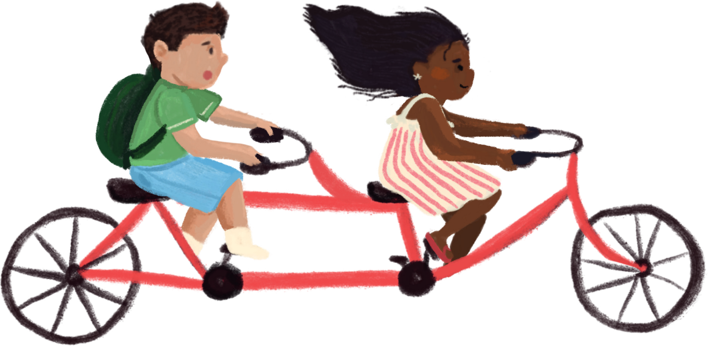 Bicicleta tándem · niñas y niños pedaleando